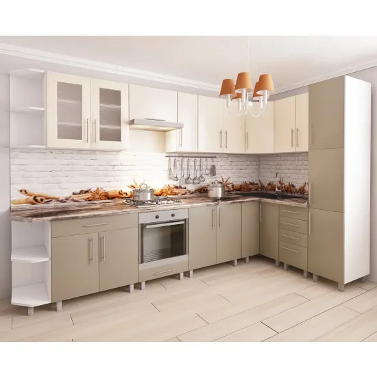 Bucatarie modulara Bafimob de colț 3,4х1,7 m (MDF High Gloss), Bej mat/Cappuccino mat