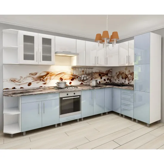 Bucatarie modulara Bafimob de colț 3,4х1,7 m (MDF High Gloss), Alb/Val de mare