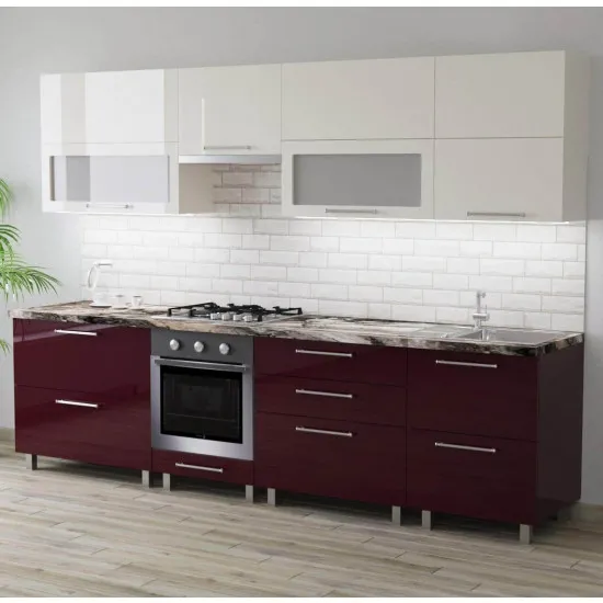 Bucatarie Bafimob Blum 2.8 m (MDF High Gloss), Bej/Bordo