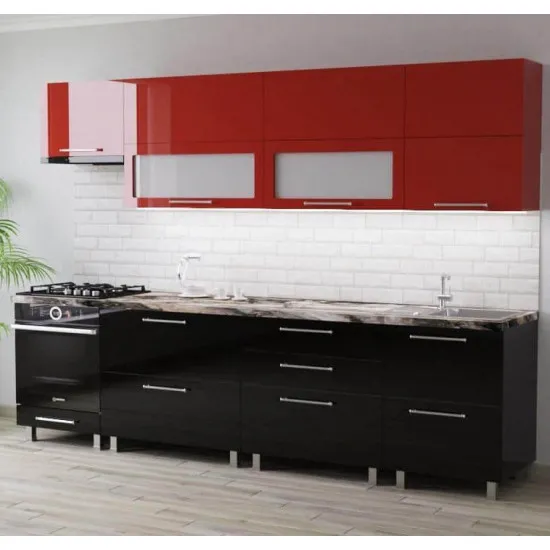 Bucatarie Bafimob Blum 2.8 m (MDF High Gloss), Roșu/Negru