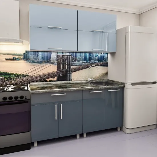 Bucatarie Bafimob Mini Modern 1.6 m (MDF High Gloss) fără sticlă, Val de mare/Gri