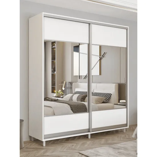 Шкаф купе Mobildor Aron K1, 120x240x60 cm, двери ДСП с зеркалом горизонтально, Белый