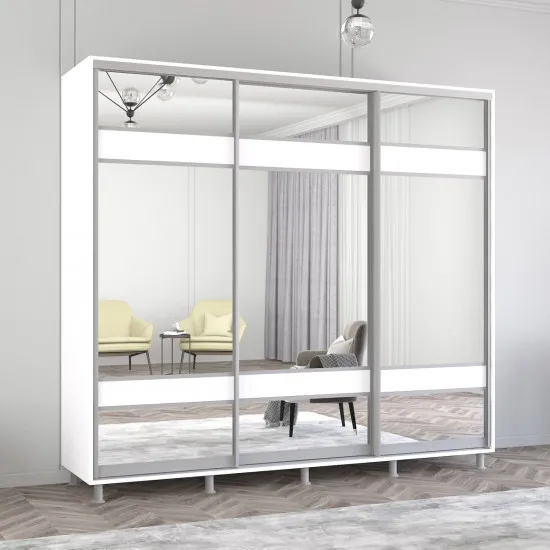 Шкаф купе Mobildor Aron K3, 240x230x60 cm, двери ДСП с зеркалом зебра, Белый