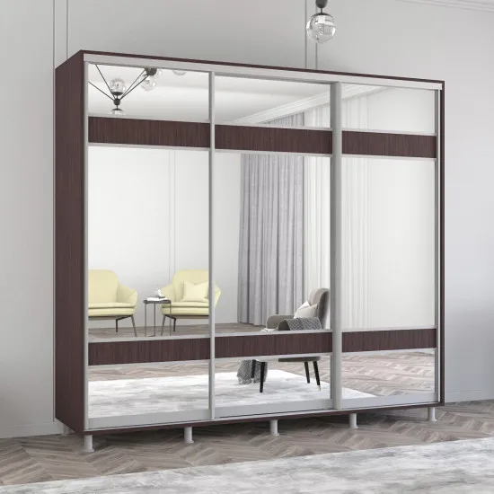 Dulap-cupeu Mobildor Aron K3, 240x200x60 cm, uși PAL cu oglindă zebra, Wenge
