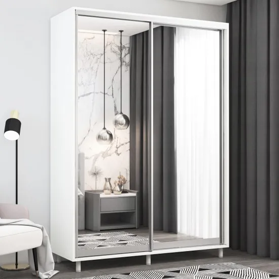 Dulap-cupeu Mobildor Aron P, 150x200x60 cm, uși glisante din oglindă, Alb