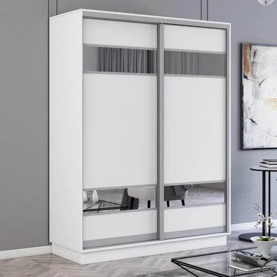 Dulap-cupeu Mobildor Fox, 120x200x60 cm, uși PAL cu elemente din oglindă, Alb