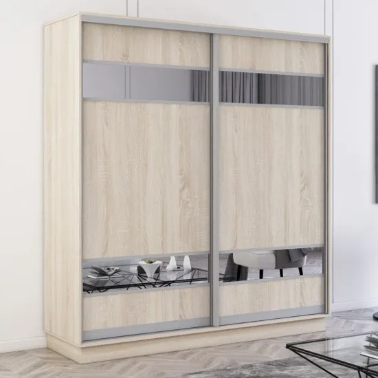 Dulap-cupeu Mobildor Fox, 230x200x60 cm, uși PAL cu elemente din oglindă, Sonoma