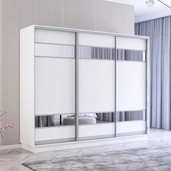 Dulap-cupeu Mobildor Fox, 280x200x60 cm, uși PAL cu elemente din oglindă, Alb