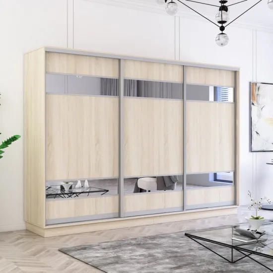 Dulap-cupeu Mobildor Fox, 330x230x60 cm, uși PAL cu elemente din oglindă, Sonoma