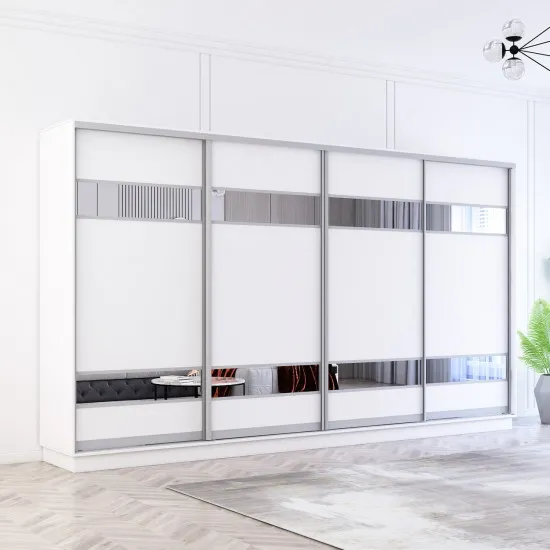 Dulap-cupeu Mobildor Fox, 380x200x60 cm, uși PAL cu elemente din oglindă, Alb