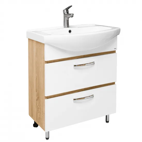 Dulap cu lavoar Mashtab Agat (Basic) 75 cm cu 2 sertare, Alb/Sonoma