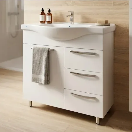 Dulap pentru baie Mashtab Agat (Basic) 75 pardoseală cu 3 sertare, Alb (11338)