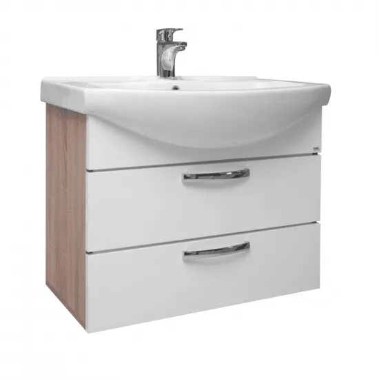 Dulap cu lavoar Mashtab Agat (Basic) 75cm, suspendat cu 2 sertare, Alb/Sonoma (10681)