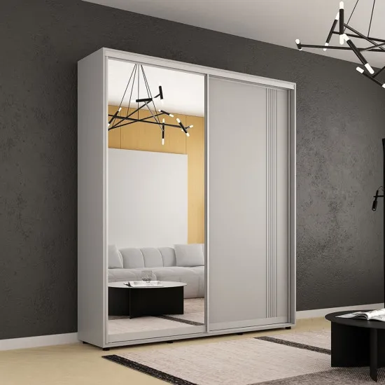 Шкаф купе Mobildor Compact, 200x220x45 cm, двери Зеркало + ДСП с декоративными линиями, Серый