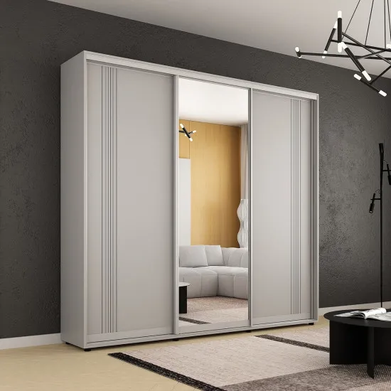 Шкаф купе Mobildor Compact (240x220) с раздвижными дверями Зеркало + ДСП с декоративными линиями, Gray