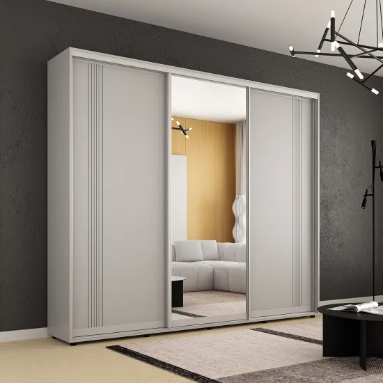 Dulap-cupeu Mobildor Compact, 250x220x45 cm, uși Oglindă + PAL cu ornament linii, Gri