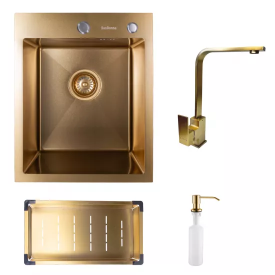 Set chiuvetă de bucătărie SanDonna HD4050, 500х400 mm, Auriu + Baterie Sandonna Nera Gold (VOR58145)