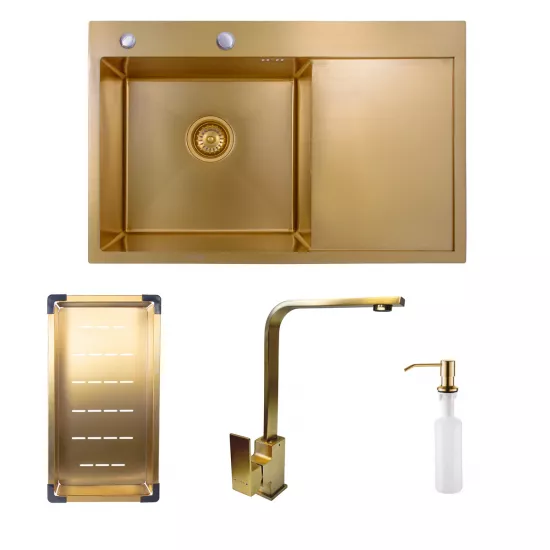 Мойка кухонная SanDonna HD7850 780х500 мм, Золотой + Смеситель Sandonna Nera Gold (VOR58147)