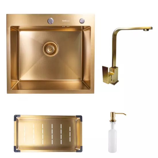 Набор мойка кухонная SanDonna HD5550, 500х550 мм, Золотой + Смеситель Sandonna Nera Gold (VOR58146)