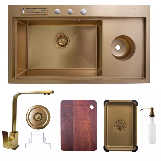 Chiuvetă de bucătărie SanDonna HD9250,920x450 mm, Auriu + Baterie Sandonna Nera Gold (VOR58148)