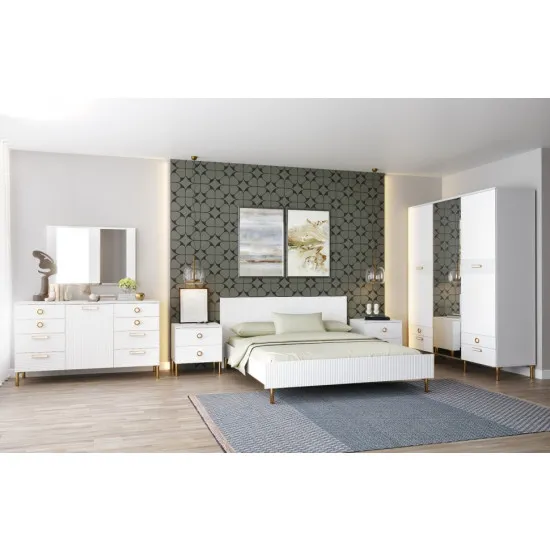 Set dormitor ML-Mobila Velvet Set N1, Alb/Auriu