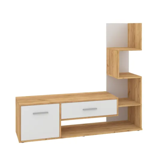 Comoda TV Pehotin Bruno, 140x38x124 см, Stejar Taho/Alb