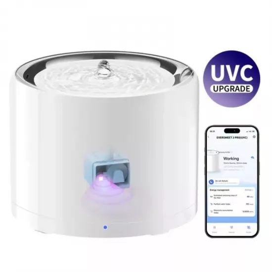 Dispenser de apa potabila Petkit Eversweet 3 PRO UVC, 1.8 L, cu motor fără fir în interiorul rezervorului, funcție de filtrare și conectare la aplicația Petkit