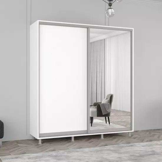 Dulap-cupeu Mobildor Aron P, 200x210x60 cm, uși oglindă și PAL, Alb
