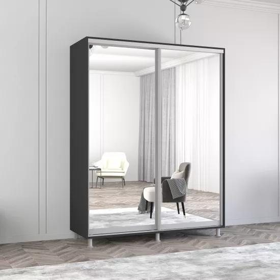 Dulap-cupeu Mobildor Aron, 160x210x60 cm, uși glisante din oglindă, Antracit