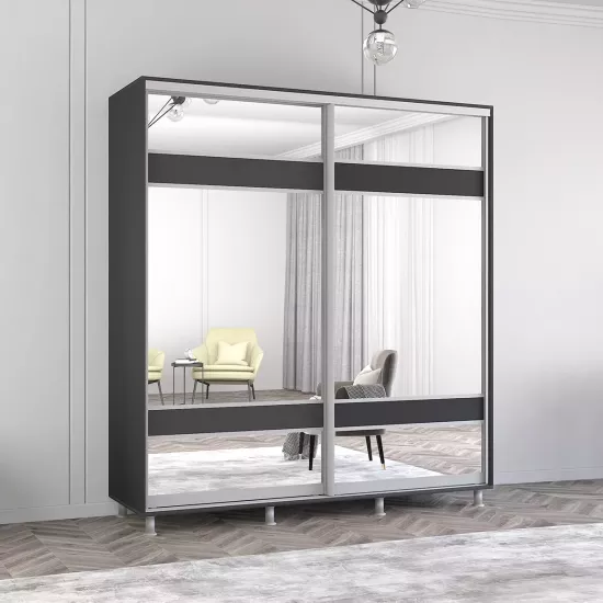 Шкаф купе Mobildor Aron K3, 200x220x60 cm, двери ДСП с зеркалом зебра, Антрацит
