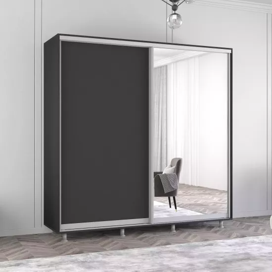 Dulap-cupeu Mobildor Aron, 230x200x60 cm, uși oglindă și PAL, Antracit