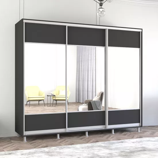 Шкаф купе Mobildor Aron K1, 260x210x60 cm, двери ДСП с зеркалом горизонтально, Антрацит