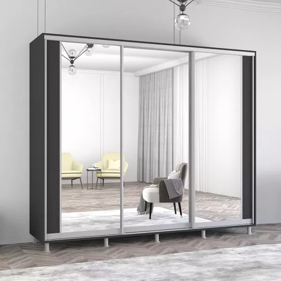 Шкаф купе Mobildor Aron K2, 260x210x60 cm, двери ДСП с зеркалом вертикально, Антрацит