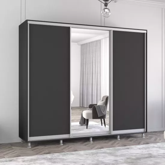 Шкаф купе Mobildor Aron, 250x240x60 cm, зеркальные двери и ДСП, Антрацит