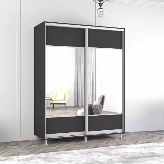 Шкаф купе Mobildor Aron P K1, 180x200x60 cm, двери ДСП с зеркалом горизонтально, Антрацит