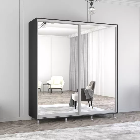 Dulap-cupeu Mobildor Aron P, 160x200x60 cm, uși glisante din oglindă, Antracit