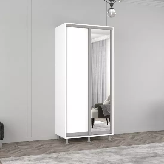 Dulap-cupeu Mobildor Aron P, 130x200x60 cm, uși oglindă și PAL, Alb
