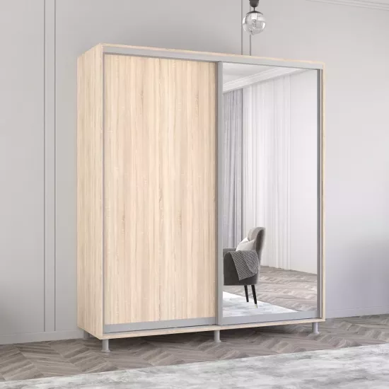 Dulap-cupeu Mobildor Aron P, 150x200x60 cm, uși oglindă și PAL, Sonoma