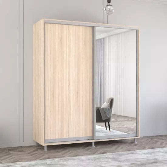 Dulap-cupeu Mobildor Aron P, 150x230x60 cm, uși oglindă și PAL, Sonoma