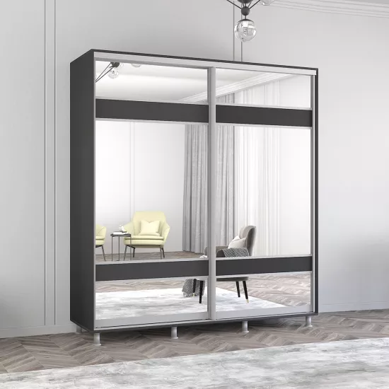 Dulap-cupeu Mobildor Aron S K3, 200x200x60 cm, uși PAL cu oglindă zebra, Antracit