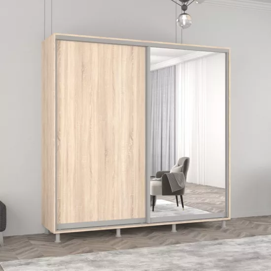 Dulap-cupeu Mobildor Aron S, 190x210x60 cm, uși oglindă și PAL, Sonoma