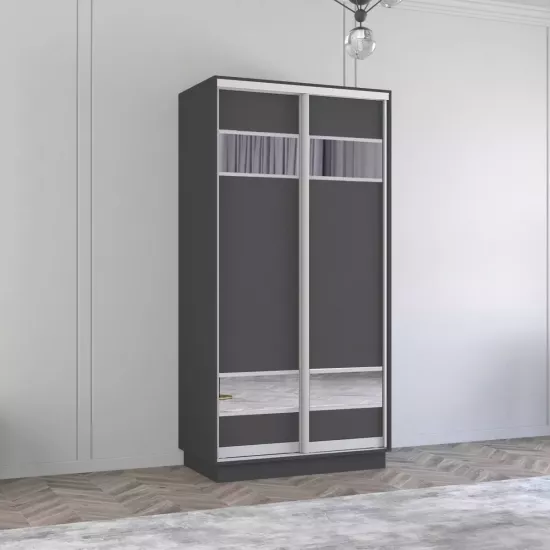 Dulap-cupeu Mobildor Fox, 140x200x60 cm, uși PAL cu elemente din oglindă, Antracit