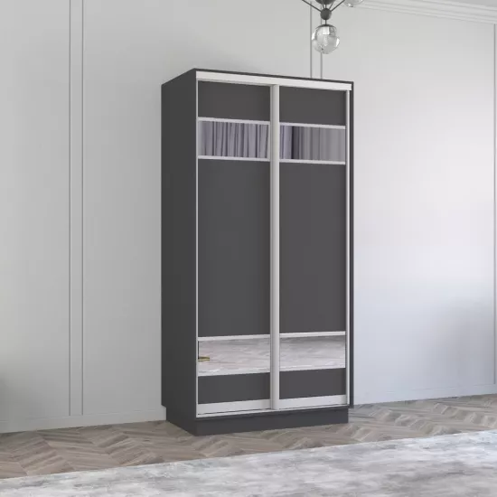 Dulap-cupeu Mobildor Fox, 110x230x60 cm, uși PAL cu elemente din oglindă, Antracit