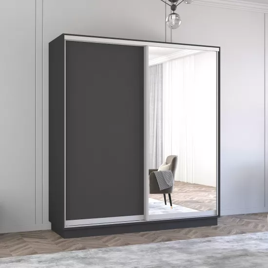 Dulap-cupeu Mobildor Fox, 180x210x60 cm, uși oglindă și PAL, Antracit