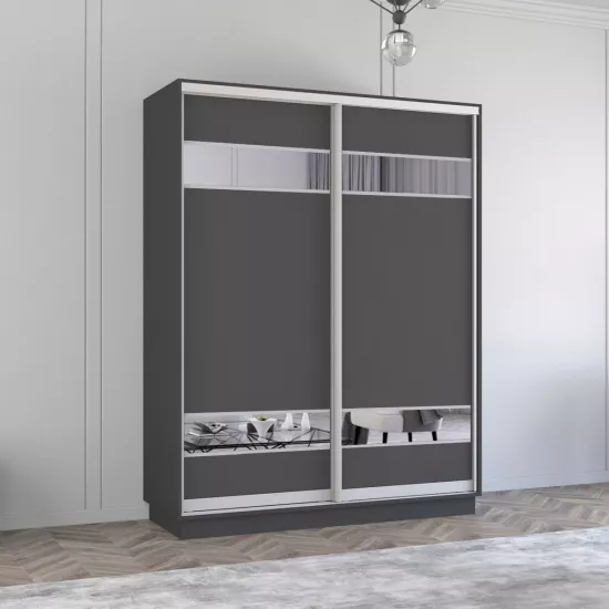 Dulap-cupeu Mobildor Fox, 200x200x60 cm, uși PAL cu elemente din oglindă, Antracit