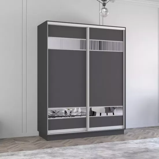 Dulap-cupeu Mobildor Fox, 230x230x60 cm, uși PAL cu elemente din oglindă, Antracit
