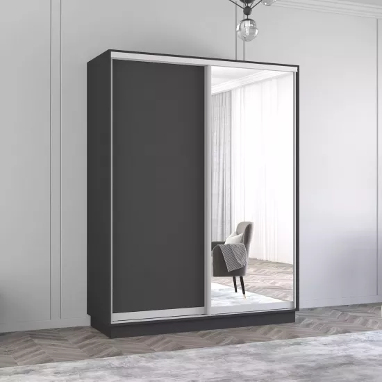Dulap-cupeu Mobildor Fox, 230x240x60 cm, uși oglindă și PAL, Antracit