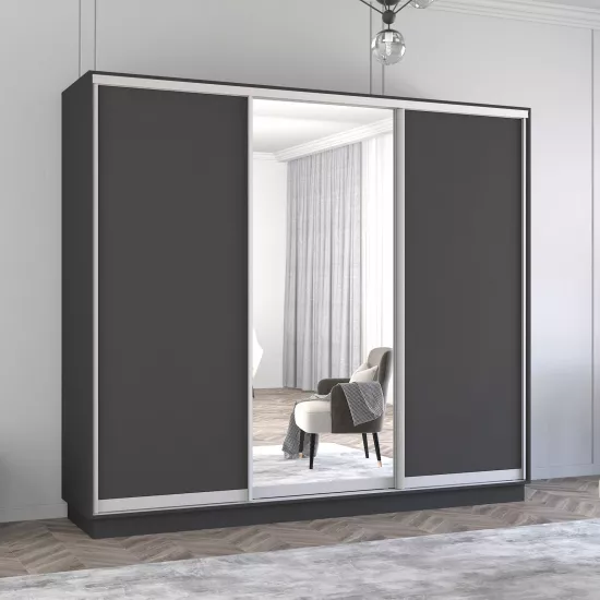 Dulap-cupeu Mobildor Fox, 270x200x60 cm, uși oglindă și PAL, Antracit