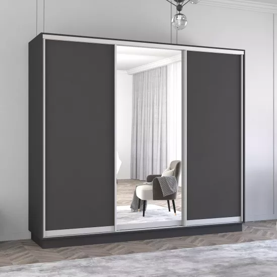 Dulap-cupeu Mobildor Fox, 240x220x60 cm, uși oglindă și PAL, Antracit