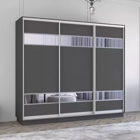 Dulap-cupeu Mobildor Fox, 290x220x60 cm, uși PAL cu elemente din oglindă, Antracit